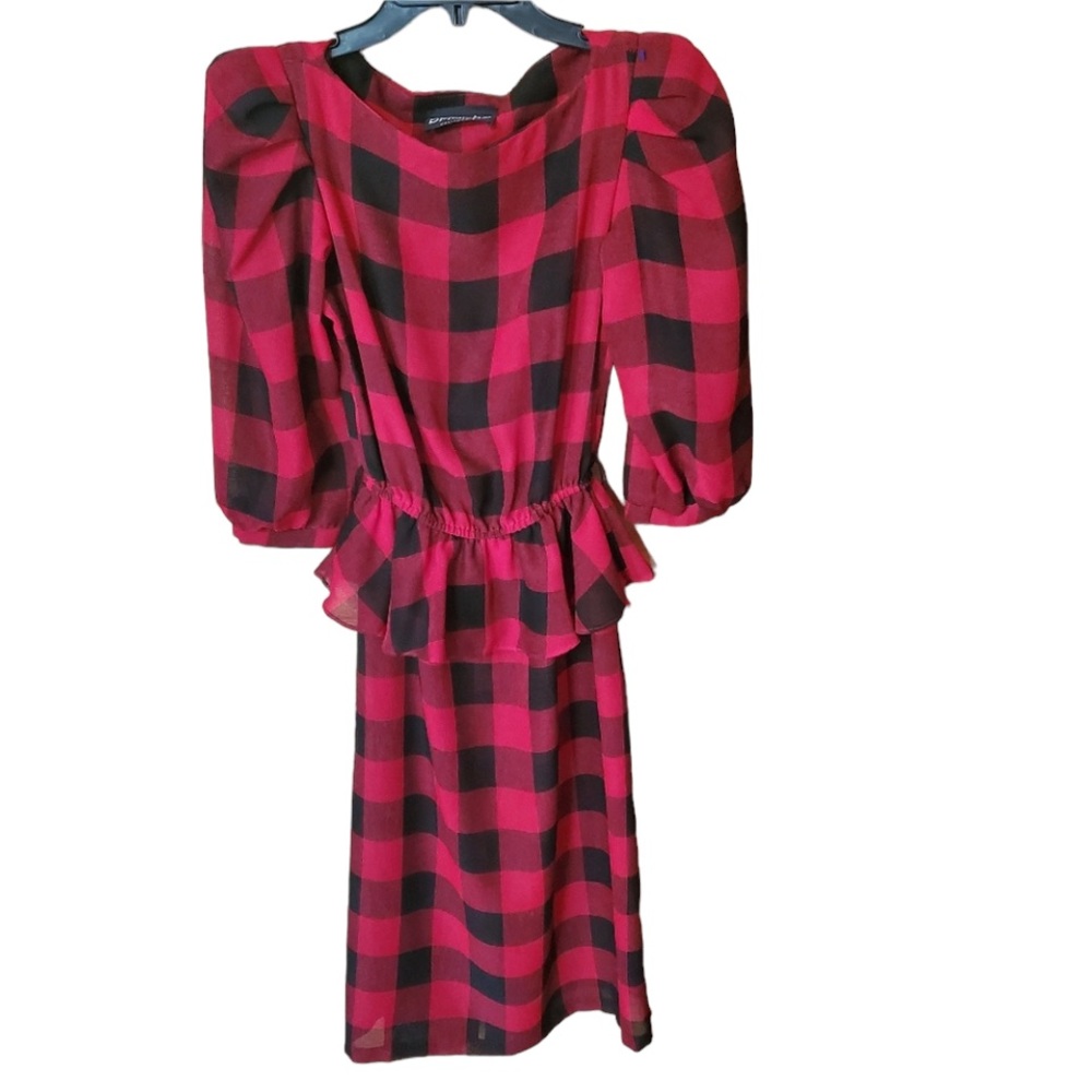 1980s Brioche Black & Red Check Peplum‎ Dress